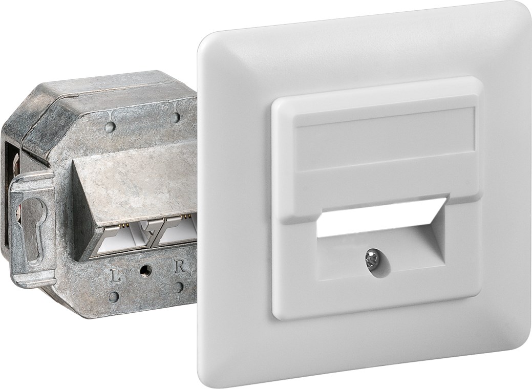 CAT 5e Unterputzdose (UP) - Farbversion Weiß - 2x RJ45-Anschlüsse, geschirmt, Klemmleiste für werkzeugfreie LSA-Montage CAT 5e Unterputzdose (UP) - Farbversion Weiß - 2x RJ45-Anschlüsse, geschirmt, Klemmleiste für werkzeugfreie LSA-Montage