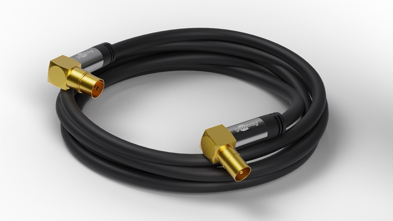 TV Antennenkabel (135 dB typ), 4x geschirmt - Kabellänge 1 m - vergoldet, Koax-Buchse 90° > Koax-Stecker 90°