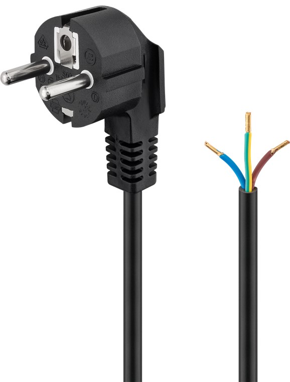 Schutzkontaktkabel abgewinkelt zum Konfektionieren, 3 m, Schwarz Schutzkontaktkabel abgewinkelt zum Konfektionieren, 1,5 m, Schwarz - Kabellänge 1.5 m - Schutzkontaktstecker (Typ F, CEE 7/7) > lose Kabelenden