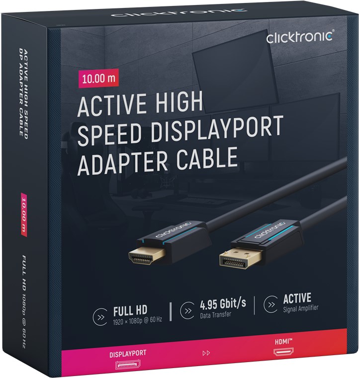 Aktives DisplayPort-auf-HDMI™-Adapterkabel - Kabellänge 10 m - Premium-Kabel|1x DisplayPort-Stecker >> 1x HDMI™-Stecker|10,0 m|WQHD @ 75 Hz