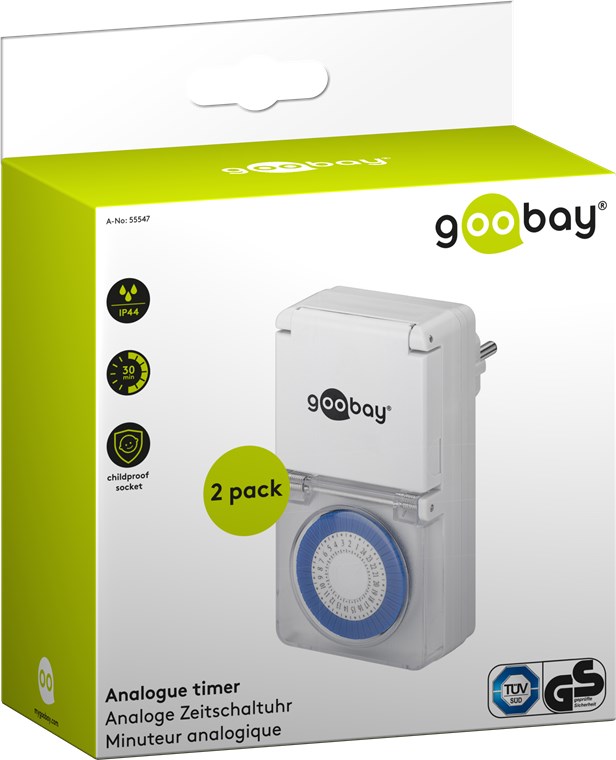 2er-Set, Analoge Zeitschaltuhr IP44 - leicht zu bedienende, mechanische Zeitschaltuhr für die Steckdose 2er-Set, Analoge Zeitschaltuhr IP44 - leicht zu bedienende, mechanische Zeitschaltuhr für die Steckdose