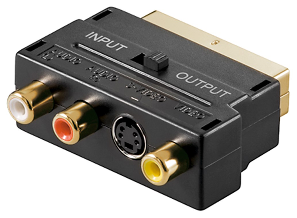 Scart zu Composite Audio Video und S-Video Adapter, IN/OUT Scart zu Composite Audio Video und S-Video Adapter, IN/OUT - Anschluss, Typ Scartstecker (21-Pin) - Scartstecker (21-Pin) > 3x Cinch-Buchse + Mini-DIN 4-Buchse (S-Video)
