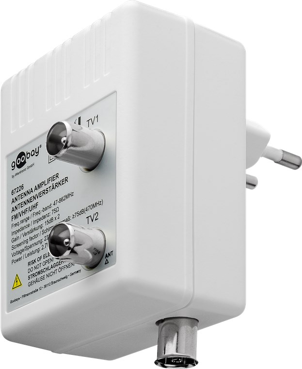 Zwei-Geräte-Antennenverstärker 2x 15dB (DVB-T / DVB-T2 / DVB-C) - zum Anschluss von zwei Empfangsgeräten (TV / Radio)