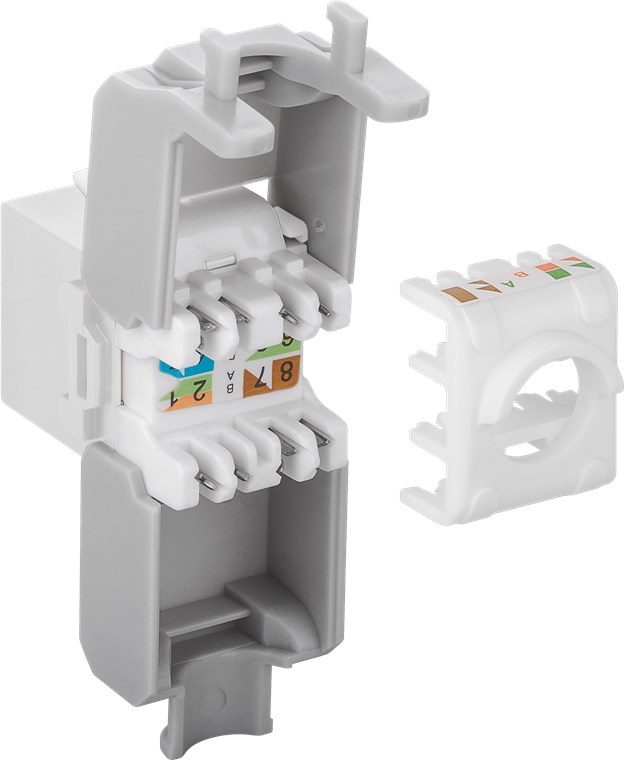 Keystone Modul RJ45 CAT 6A, UTP - Farbversion Weiß - 16,5 mm breit, Krokodil-Typ, Klemmleiste für werkzeugfreie LSA-Montage