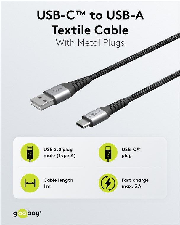 USB-A auf USB-C™ Textilkabel mit Metallsteckern (spacegrau/silber) 1 m - Kabellänge 1 m - elegantes und extra-robustes Verbindungskabel für Geräte mit USB-C™-Anschluss USB-A auf USB-C™ Textilkabel mit Metallsteckern (spacegrau/silber) 1 m - Kabellänge 1 m - elegantes und extra-robustes Verbindungskabel für Geräte mit USB-C™-Anschluss
