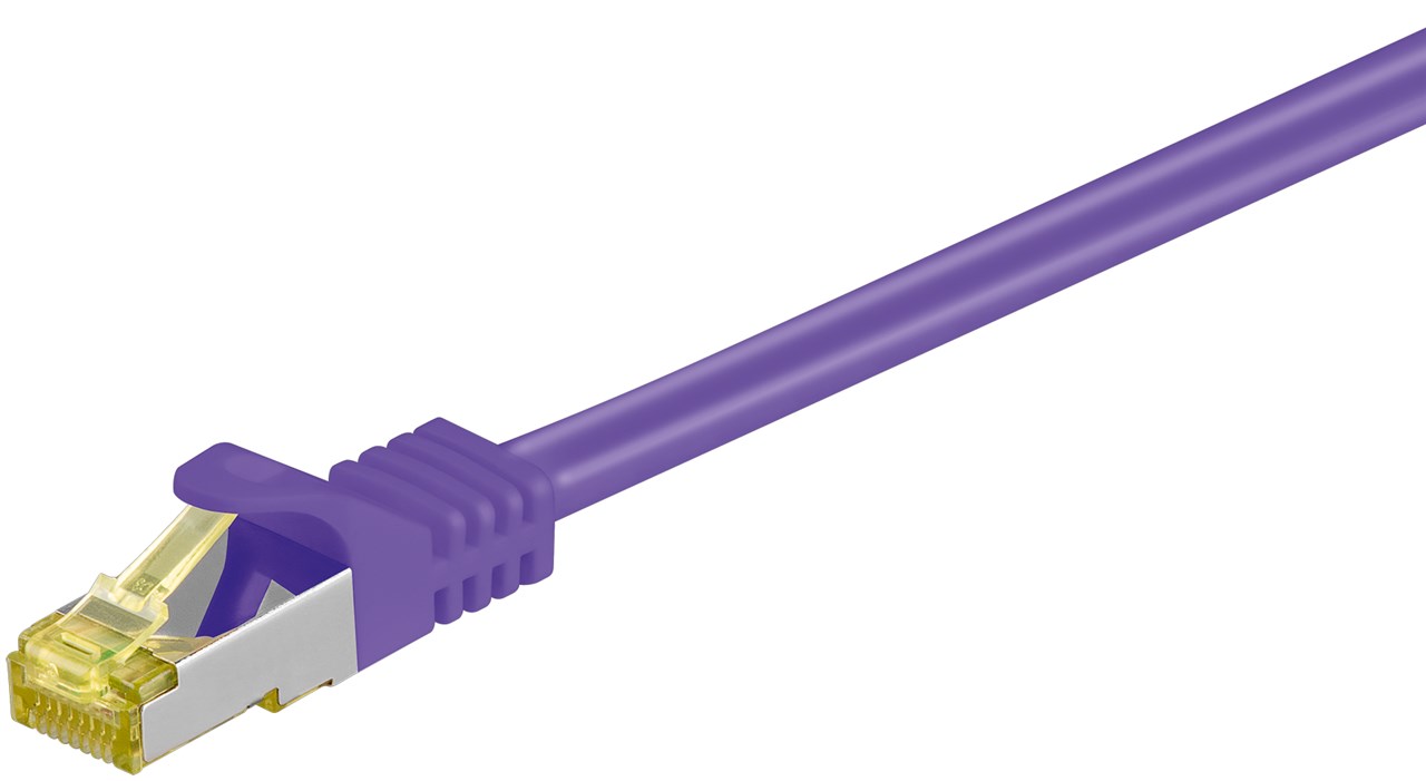 RJ45 Patchkabel CAT 6A S/FTP (PiMF), 500 MHz mit CAT 7 Rohkabel, Violett RJ45 Patchkabel CAT 6A S/FTP (PiMF), 500 MHz mit CAT 7 Rohkabel, Violett - Kabellänge 0.25 m - Kupferleiter (CU), halogenfreier Kabelmantel (LSZH)