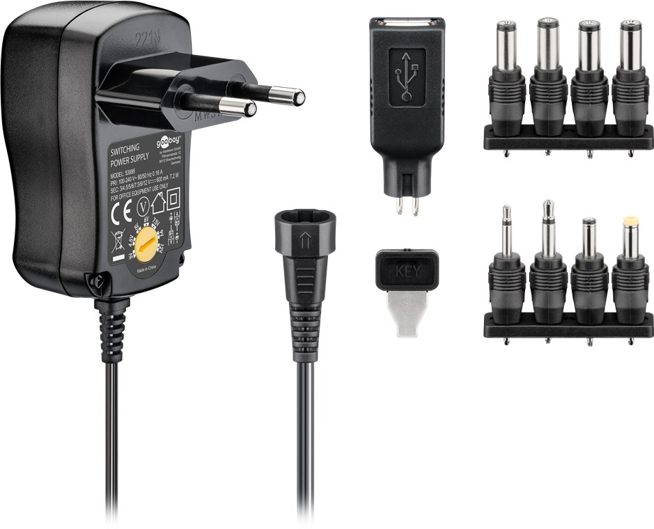 3 V - 12 V Universal-Netzteil 3 V - 12 V Universal-Netzteil - Ausgang, max. Stromstärke (DC) 0.6 A - inkl. 1 USB- und 8 DC-Adapter - max. 7,2 W und 0,6 A