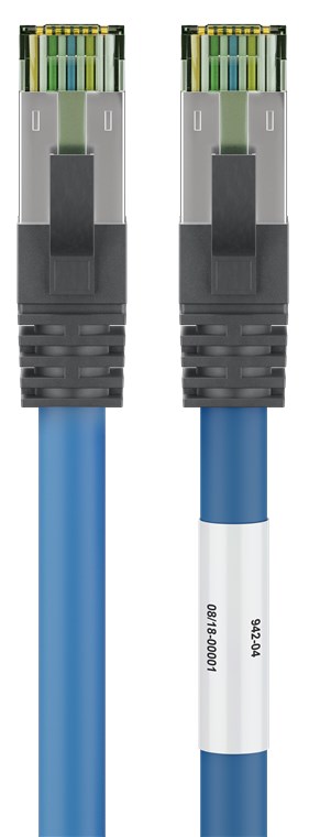 RJ45 (CAT 6A, 500 MHz) Patchkabel mit CAT 8.1 S/FTP Rohkabel, Blau, 20 m CAT 8.1 Patchkabel, S/FTP (PiMF), Blau, 5 m - Kabellänge 5 m - 99,9 % sauerstofffreier Kupferleiter (OFC), AWG 24, halogenfreier Kabelmantel (LSZH)