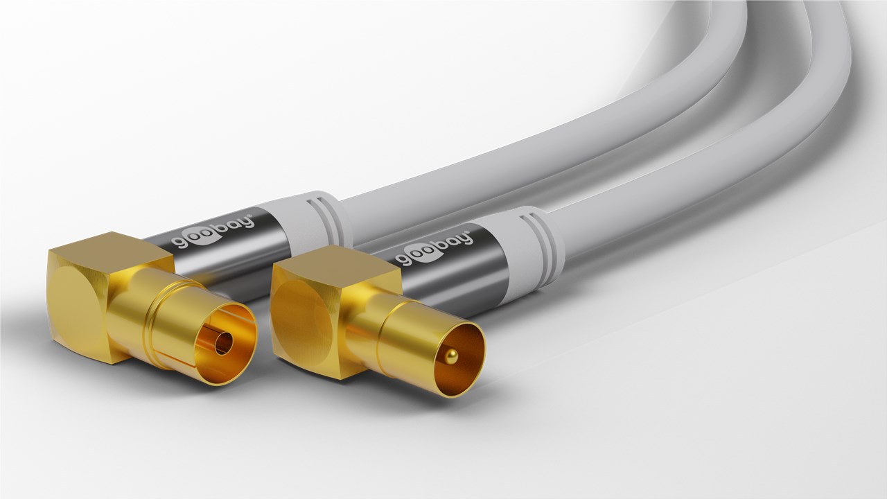 TV Antennenkabel (135 dB typ), 4x geschirmt - Kabellänge 5 m - vergoldet, Koax-Buchse 90° > Koax-Stecker 90° TV Antennenkabel (135 dB typ), 4x geschirmt - Kabellänge 5 m - vergoldet, Koax-Buchse 90° > Koax-Stecker 90°