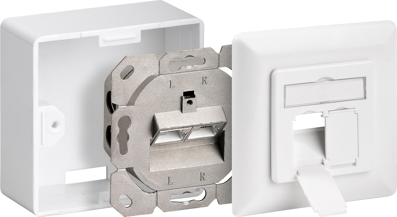 CAT 6 Universaldose inkl. Aufputzmontage-Rahmen - Farbversion Weiß - 2x RJ45-Anschlüsse, geschirmt, Klemmleiste für werkzeugfreie LSA-Montage CAT 6 Universaldose inkl. Aufputzmontage-Rahmen - Farbversion Weiß - 2x RJ45-Anschlüsse, geschirmt, Klemmleiste für werkzeugfreie LSA-Montage