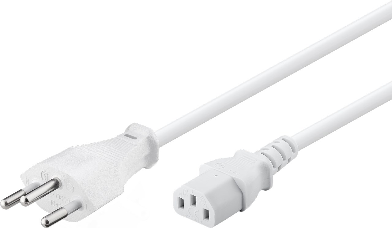 Kaltgerätekabel Schweiz, 2 m, Weiß - Kabellänge 2 m - Schweiz-Stecker (Typ J, SEV 1011) > Gerätebuchse C13 (Kaltgeräteanschluss)