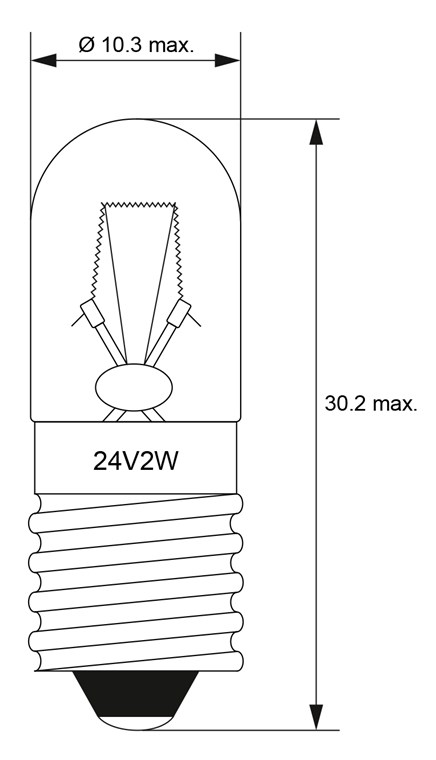 Röhrenlampe, 2 W - Max. Leistungsaufnahme 2 W - Sockel E10, 24 V (DC), 85 mA Röhrenlampe, 2 W - Max. Leistungsaufnahme 2 W - Sockel E10, 24 V (DC), 85 mA