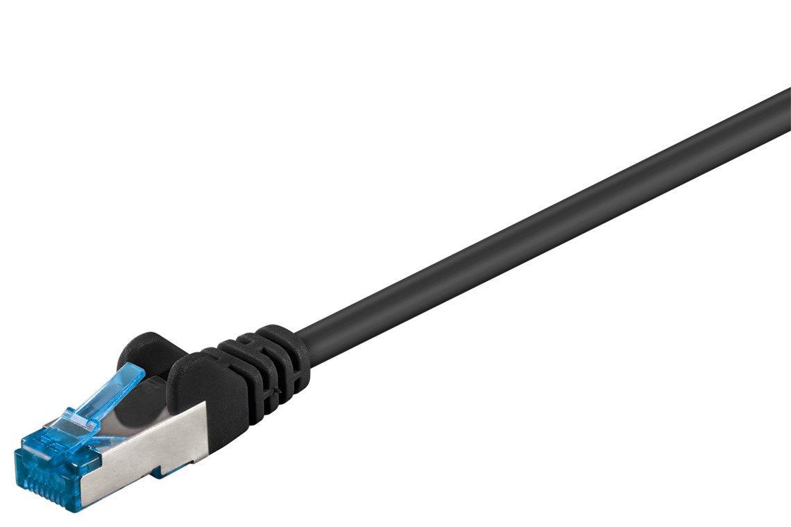 CAT 6A Patchkabel, S/FTP (PiMF), Schwarz, 0,25 m - Kabellänge 0.25 m - Kupferleiter (CU), halogenfreier Kabelmantel (LSZH)