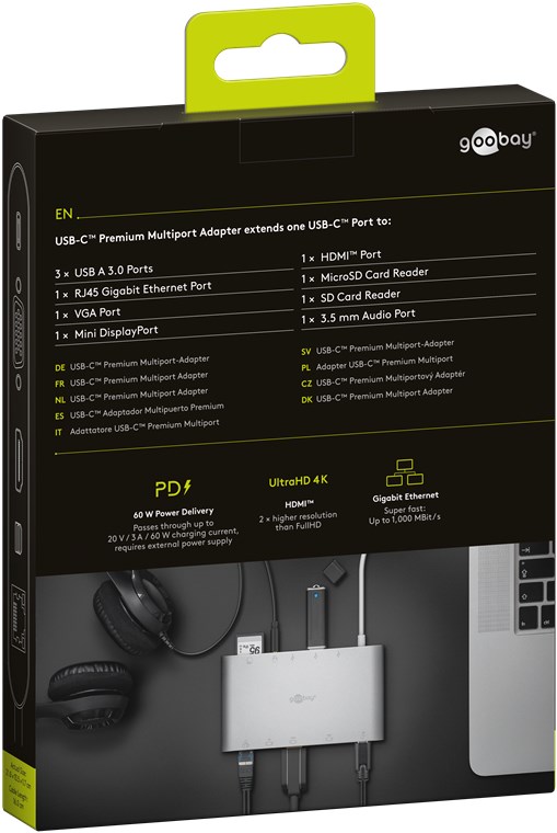 USB-C™ Multiport-Adapter aus Aluminium - erweitert ein USB-C™ Gerät um einen Ethernet-, einen HDMI™-, einen VGA-, einen Mini DisplayPort-, einen 3,5 mm-Klinkenanschluss sowie einen Kartenleser für SD- und Micro-SD-Karten