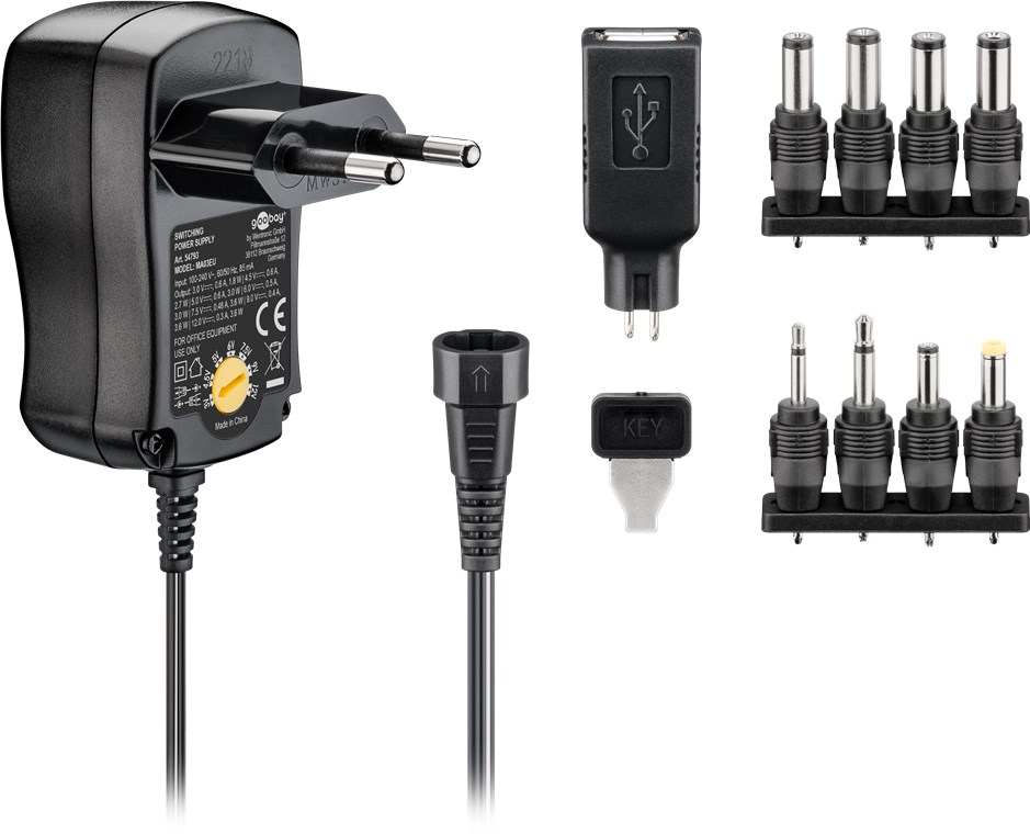 3 V - 12 V Universal-Netzteil 3 V - 12 V Universal-Netzteil - Ausgang, max. Stromstärke (DC) 0.6 A - inkl. 1 USB- und 8 DC-Adapter - max. 3,6 W und 0,6 A