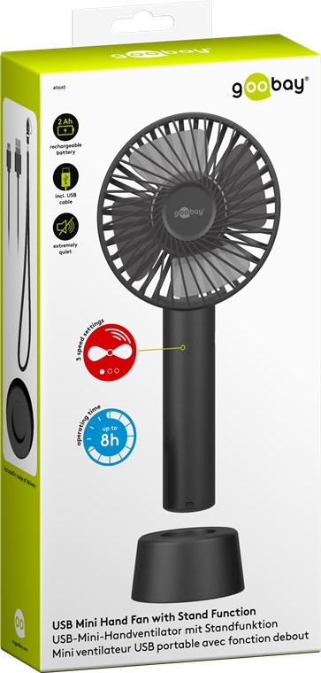 USB-Handventilator mit Standfunktion, Schwarz - mit wiederaufladbarer Batterie (austauschbar) USB-Handventilator mit Standfunktion, Schwarz - mit wiederaufladbarer Batterie (austauschbar)