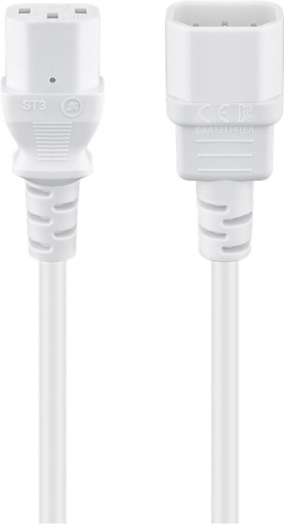 Kaltgeräte-Verlängerung, 1 m, Weiß Kaltgeräte-Verlängerung, 0,5 m, Weiß - Kabellänge 0.5 m - Gerätestecker C14 (Kaltgeräteanschluss) > Gerätebuchse C13 (Kaltgeräteanschluss)