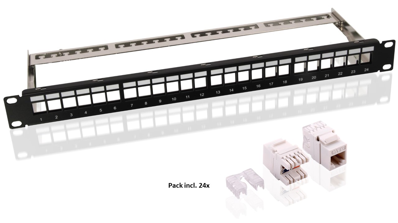 19-Zoll (48,3 cm) Keystone Patch Panel Leergehäuse Set (1 HE) 19-Zoll (48,3 cm) Keystone Patch Panel Leergehäuse Set (1 HE) - inkl. 24x CAT-6-Module (UTP)