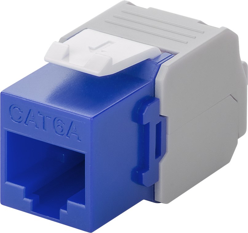 Keystone Modul RJ45 CAT 6A, UTP Keystone Modul RJ45 CAT 6A, UTP - Farbversion Blau - 16,5 mm breit, Krokodil-Typ, Klemmleiste für werkzeugfreie LSA-Montage