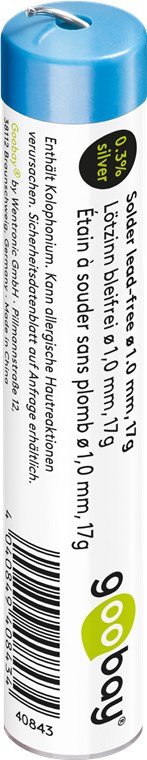 Profi Lötzinn bleifrei, ø 1,0 mm, 17 g Profi Lötzinn bleifrei, ø 1,0 mm, 17 g - Zusammensetzung: 0,3 % Silber, 0,7 % Kupfer, 96,5 % Zinn, Flussmittelanteil: 2,5 %, Schmelzpunkt 217° C