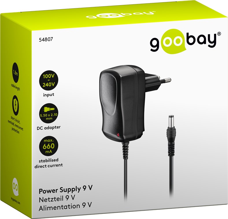 9 V Netzteil - mit 5,5 mm x 2,1 mm Stecker - 6 W und 0,66 A 9 V Netzteil - mit 5,5 mm x 2,1 mm Stecker - 6 W und 0,66 A