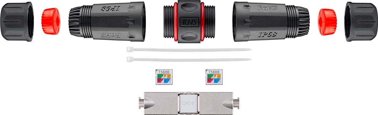 Outdoor (IP68) Netzwerkkabel-Verbinder, CAT 6 STP geschirmt - staub- und wasserdicht, Klemmleiste für LSA Montage (werkzeugfrei)