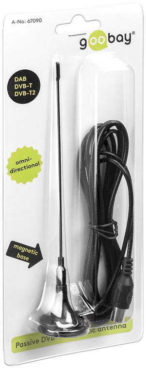 Passive DVB-T2 (HD) Mini-Magnetantenne - 3 dBi Antenne zum Empfang von DVB-T / DVB-T2 HD Programmen Passive DVB-T2 (HD) Mini-Magnetantenne - 3 dBi Antenne zum Empfang von DVB-T / DVB-T2 HD Programmen