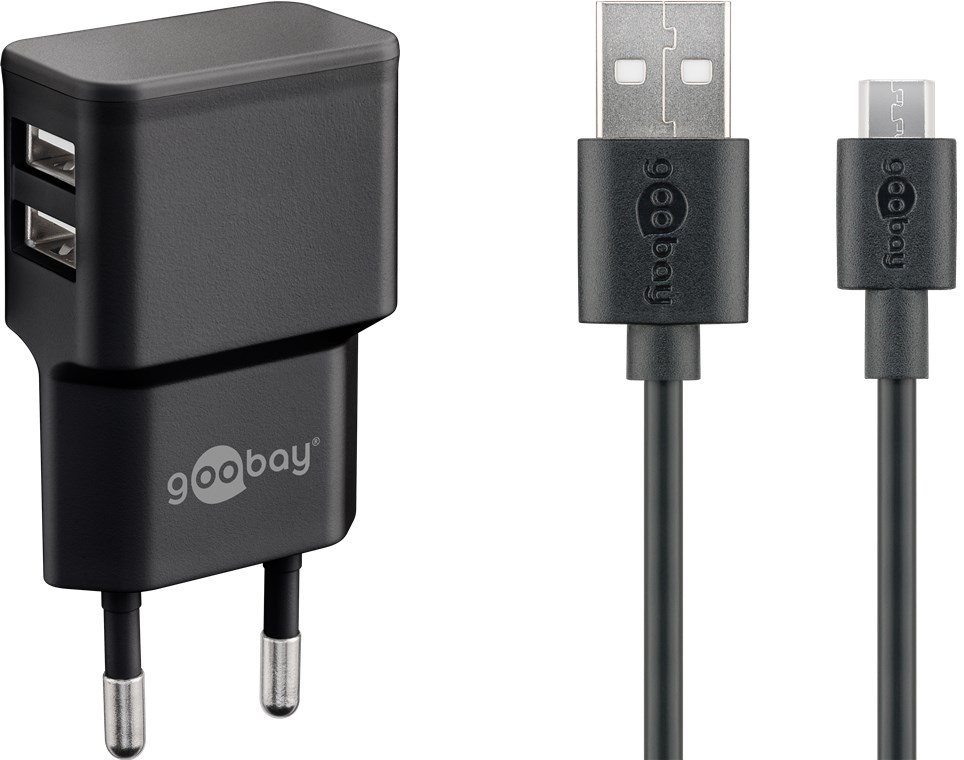 Micro USB Dual Ladeset 2,4 A - Netzteil mit 2x USB-Buchse und Micro USB Kabel 1m (Schwarz) Micro USB Dual Ladeset 2,4 A - Netzteil mit 2x USB-Buchse und Micro USB Kabel 1m (Schwarz)