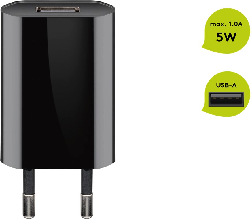 USB-Ladegerät (5 W), Schwarz - kompaktes USB-Netzteil mit 1x USB-Anschluss