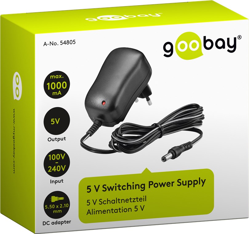 5 V Schaltnetzteil - mit 5,5 mm x 2,1 mm Stecker - 5 W und 1 A 5 V Schaltnetzteil - mit 5,5 mm x 2,1 mm Stecker - 5 W und 1 A
