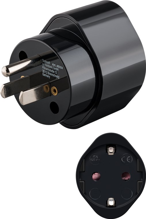 Netzadapter US/Japan, Schwarz Netzadapter US/Japan, Schwarz - Schutzkontaktbuchse (Typ F, CEE 7/3) > US/Japan-Stecker (Typ B, NEMA 5-15, 3-polig)