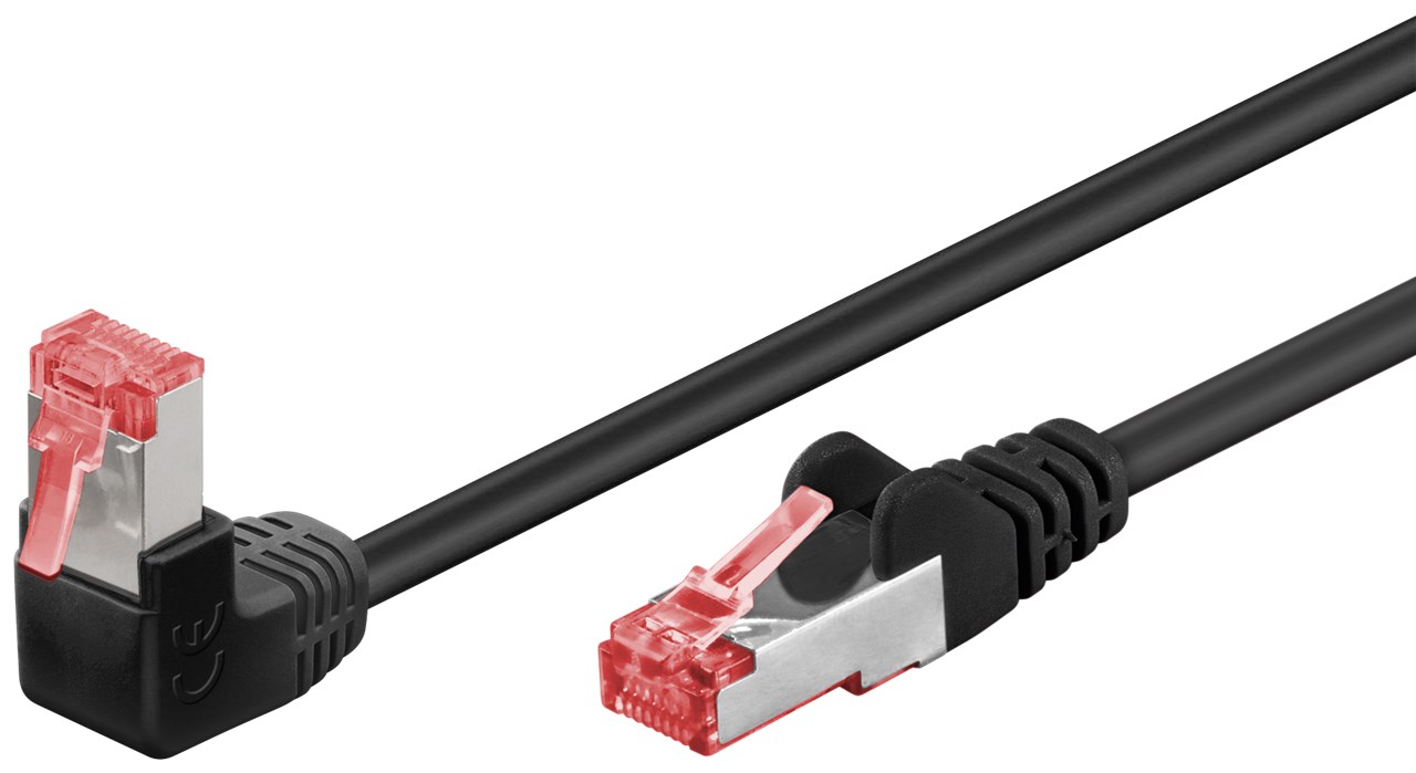 CAT 6 Patchkabel 1x 90° gewinkelt, S/FTP (PiMF), Schwarz, 10 m CAT 6 Patchkabel 1x 90° gewinkelt, S/FTP (PiMF), Schwarz, 2 m - Kabellänge 2 m - Kupferleiter (CU), halogenfreier Kabelmantel (LSZH), Rastnase oben