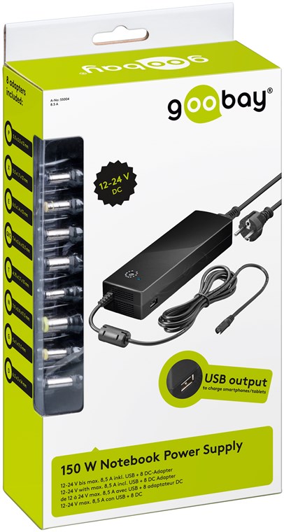 134,5 W Notebook-Netzteil - inkl. 1x USB- und 8x DC-Adapter; 12 V - 24 V bis max. 8,5 A 134,5 W Notebook-Netzteil - inkl. 1x USB- und 8x DC-Adapter; 12 V - 24 V bis max. 8,5 A