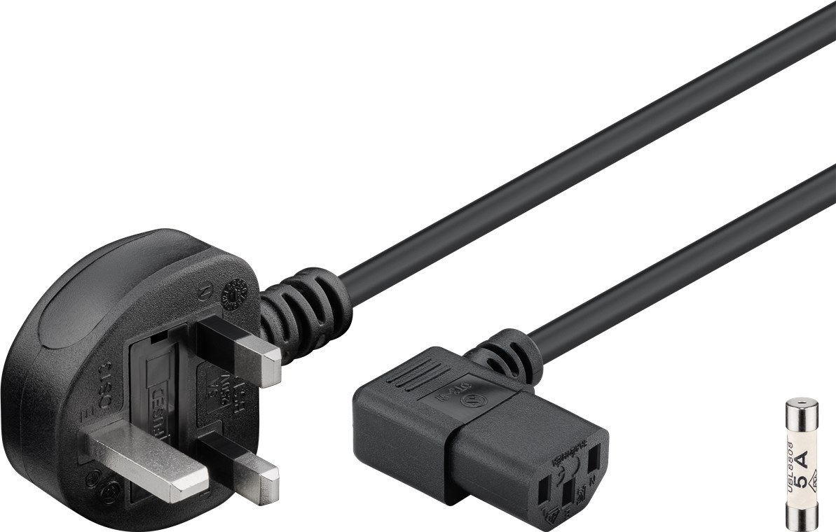 UK-Geräteanschlusskabel, 2 m, Schwarz - Kabellänge 2 m - UK 3-Pin-Stecker (Typ G, BS 1363) > Gerätestecker C13 (abgewinkelt)