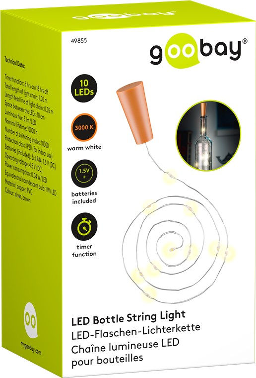 10er LED-Flaschen-Lichterkette, inkl. Timer - Stimmungsvolle Leuchtdekoration für Glasflaschen