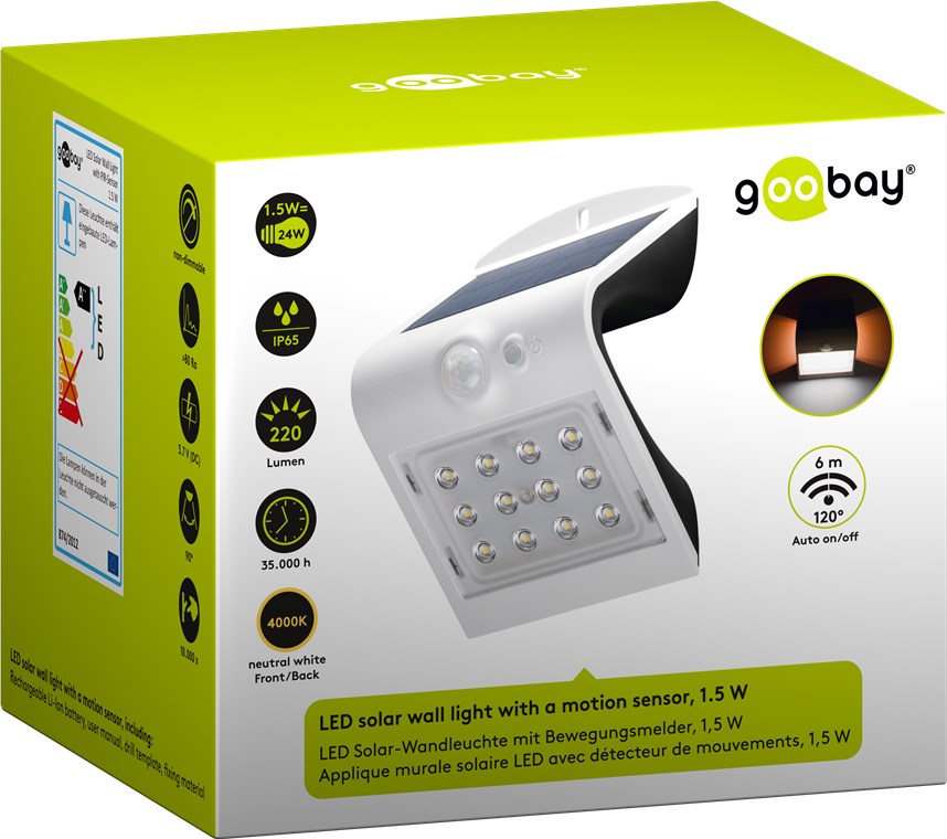 LED Solar-Wandleuchte mit Bewegungsmelder, 1,5 W, weiß - Farbversion - ideale, neutralweiße Lichtlösung für Hauseingänge, Carports und Treppen LED Solar-Wandleuchte mit Bewegungsmelder, 1,5 W, weiß - Farbversion - ideale, neutralweiße Lichtlösung für Hauseingänge, Carports und Treppen