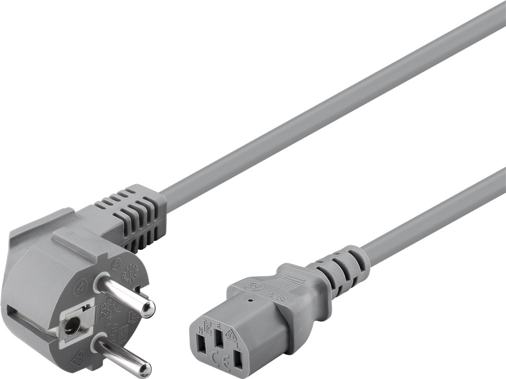 Abgewinkeltes Kaltgeräte-Anschlusskabel, 2 m, Grau - Kabellänge 2 m - Schutzkontaktstecker (Typ F, CEE 7/7) > Gerätebuchse C13 (Kaltgeräteanschluss)
