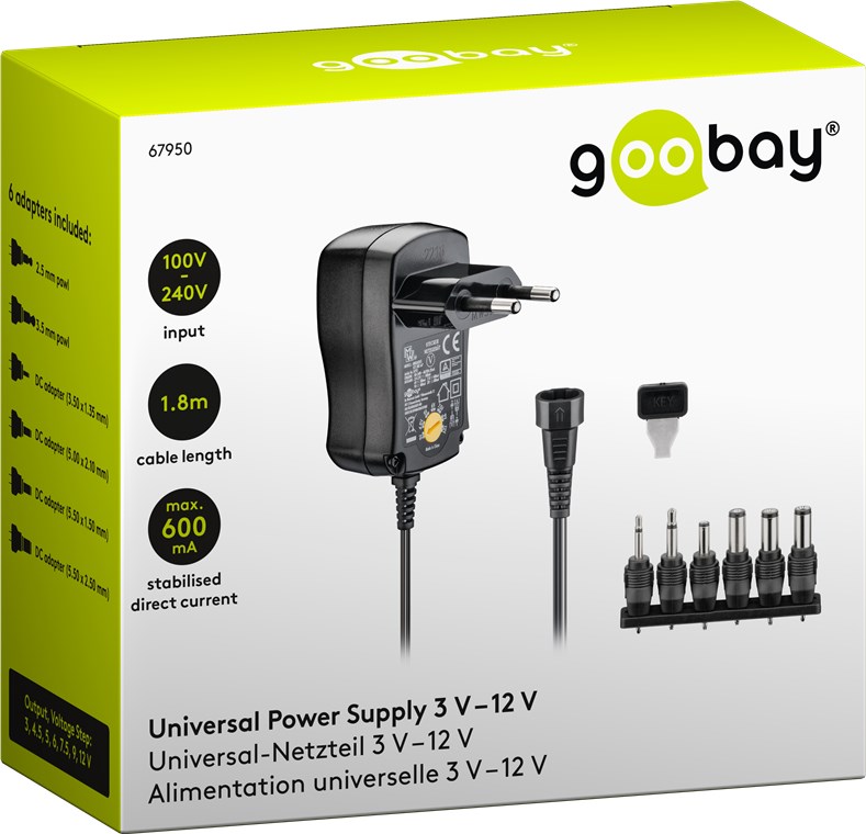 3 V - 12 V Universal-Netzteil - Ausgang, max. Stromstärke (DC) 0.6 A - inkl. 6 DC-Adapter - max. 7,2 W und 0,6 A 3 V - 12 V Universal-Netzteil - Ausgang, max. Stromstärke (DC) 0.6 A - inkl. 6 DC-Adapter - max. 7,2 W und 0,6 A