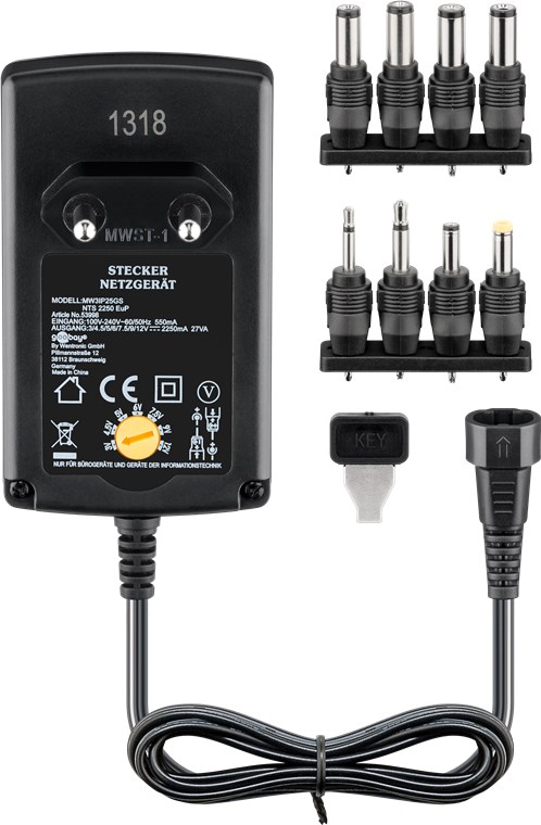 3 V - 12 V Universal-Netzteil 3 V - 12 V Universal-Netzteil - inkl. 8 DC-Adapter - max. 27 W und 2,25 A
