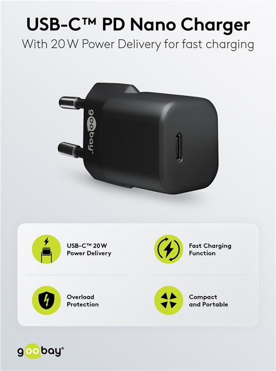 USB-C™ PD (Power Delivery) Schnellladegerät Nano (20 W), Schwarz - geeignet für Geräte mit USB-C™ (Power Delivery) wie z.B. iPhone 12 USB-C™ PD (Power Delivery) Schnellladegerät Nano (20 W), Schwarz - geeignet für Geräte mit USB-C™ (Power Delivery) wie z.B. iPhone 12