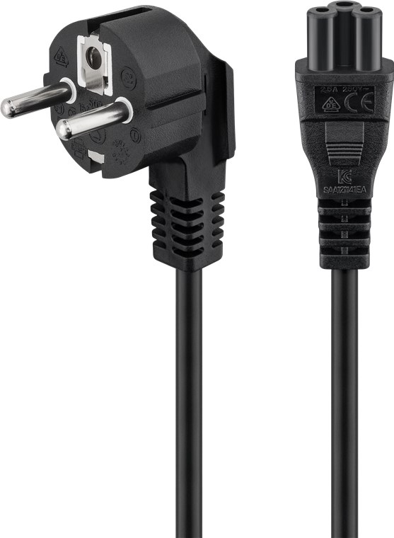 Netzanschlusskabel (Schutzkontakt) abgewinkelt, 3 m, Schwarz - Kabellänge 3 m - Schutzkontaktstecker (Typ F, CEE 7/7) 90° > Gerätebuchse C5