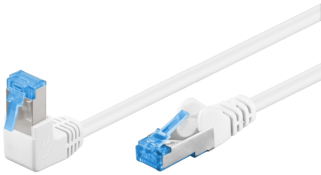 CAT 6A Patchkabel 1x 90° gewinkelt, S/FTP (PiMF), weiß, 1 m CAT 6A Patchkabel 1x 90° gewinkelt, S/FTP (PiMF), weiß, 10 m - Kabellänge 10 m - Kupferleiter (CU), halogenfreier Kabelmantel (LSZH), Rastnase oben