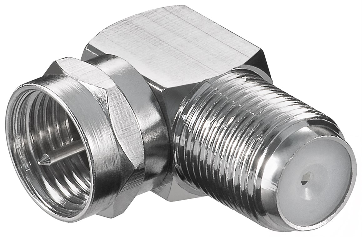 Winkeladapter: F-Stecker > F-Buchse 90° - Anschluss, Gehäusematerial Zink - Zink