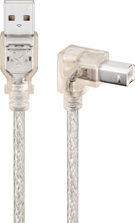 USB 2.0 Hi-Speed Kabel 90°, Transparent USB 2.0 Hi-Speed Kabel 90°, Transparent - Kabellänge 0.5 m - USB 2.0-Stecker (Typ A) > USB 2.0-Stecker (Typ B) 90°