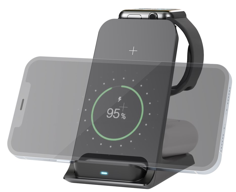 3in1 Kabelloses Ladegerät, Qi-kompatibel, Schwarz - lädt drahtlos bis zu 3 Geräte gleichzeitig 3in1 Kabelloses Ladegerät, Qi-kompatibel, Schwarz - lädt drahtlos bis zu 3 Geräte gleichzeitig