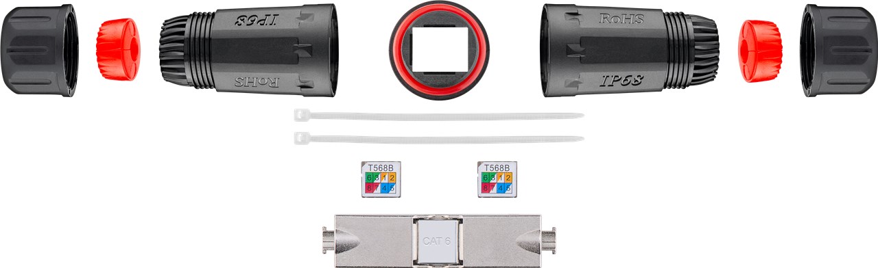 Outdoor (IP68) Netzwerkkabel-Verbinder, CAT 6 STP geschirmt - staub- und wasserdicht, Klemmleiste für LSA Montage (werkzeugfrei)