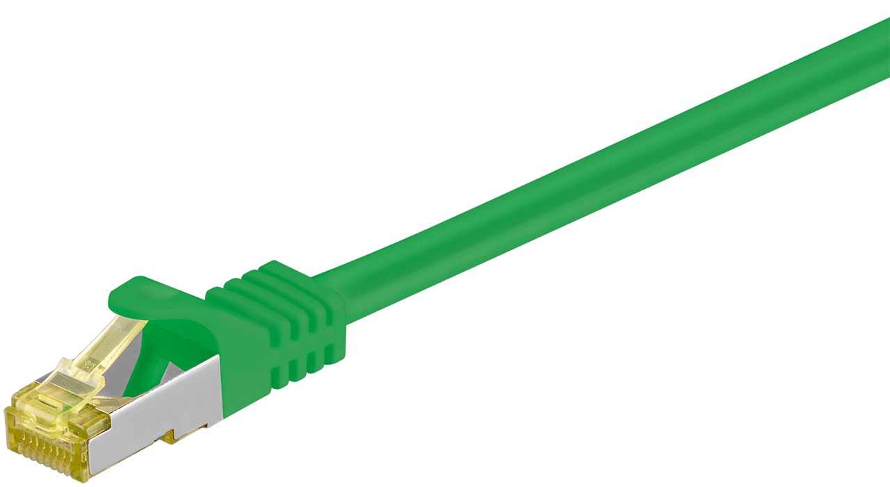 RJ45 Patchkabel CAT 6A S/FTP (PiMF), 500 MHz mit CAT 7 Rohkabel, Grün - Kabellänge 0.25 m - Kupferleiter (CU), halogenfreier Kabelmantel (LSZH)