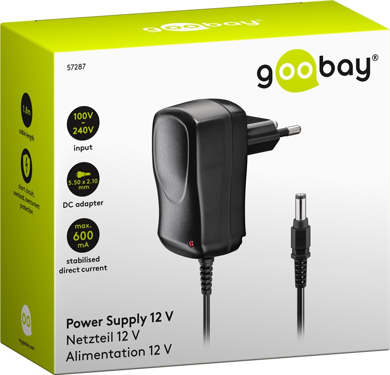 12 V Netzteil - Farbversion Schwarz - mit 5,5 mm x 2,1 mm Stecker - 7,2 W und 0,6 A 12 V Netzteil - Farbversion Schwarz - mit 5,5 mm x 2,1 mm Stecker - 7,2 W und 0,6 A