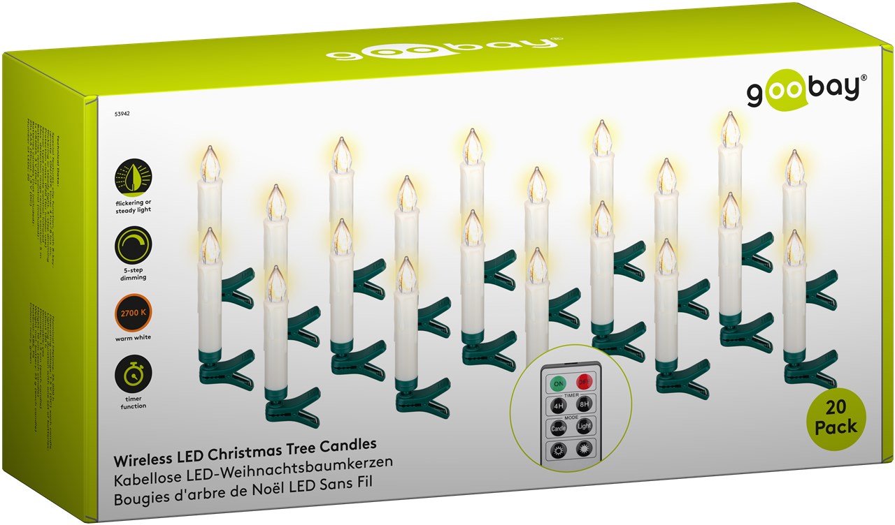 20 kabellose LED-Weihnachtsbaumkerzen - mit Klemmen und IR-Fernbedienung zur Steuerung von Timer, Leuchtmodi und Dimmer