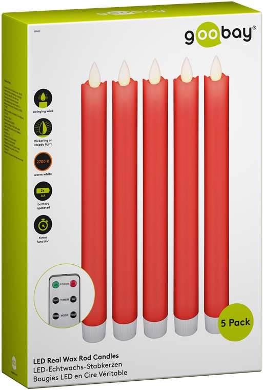 5er-Set rote LED-Echtwachs-Stabkerzen, inkl. Fernbedienung - wunderschöne und sichere Lichtlösung für viele Bereiche wie Haus und Loggia, Büros oder Schulen